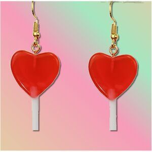 3D Realistic Red Heart Lollipop Dangle Earrings